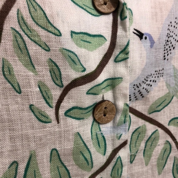 Novelty Blue Bird & Leaf Print 100% Linen Button-up Women's Collared Blouse - Picture 4 of 12
